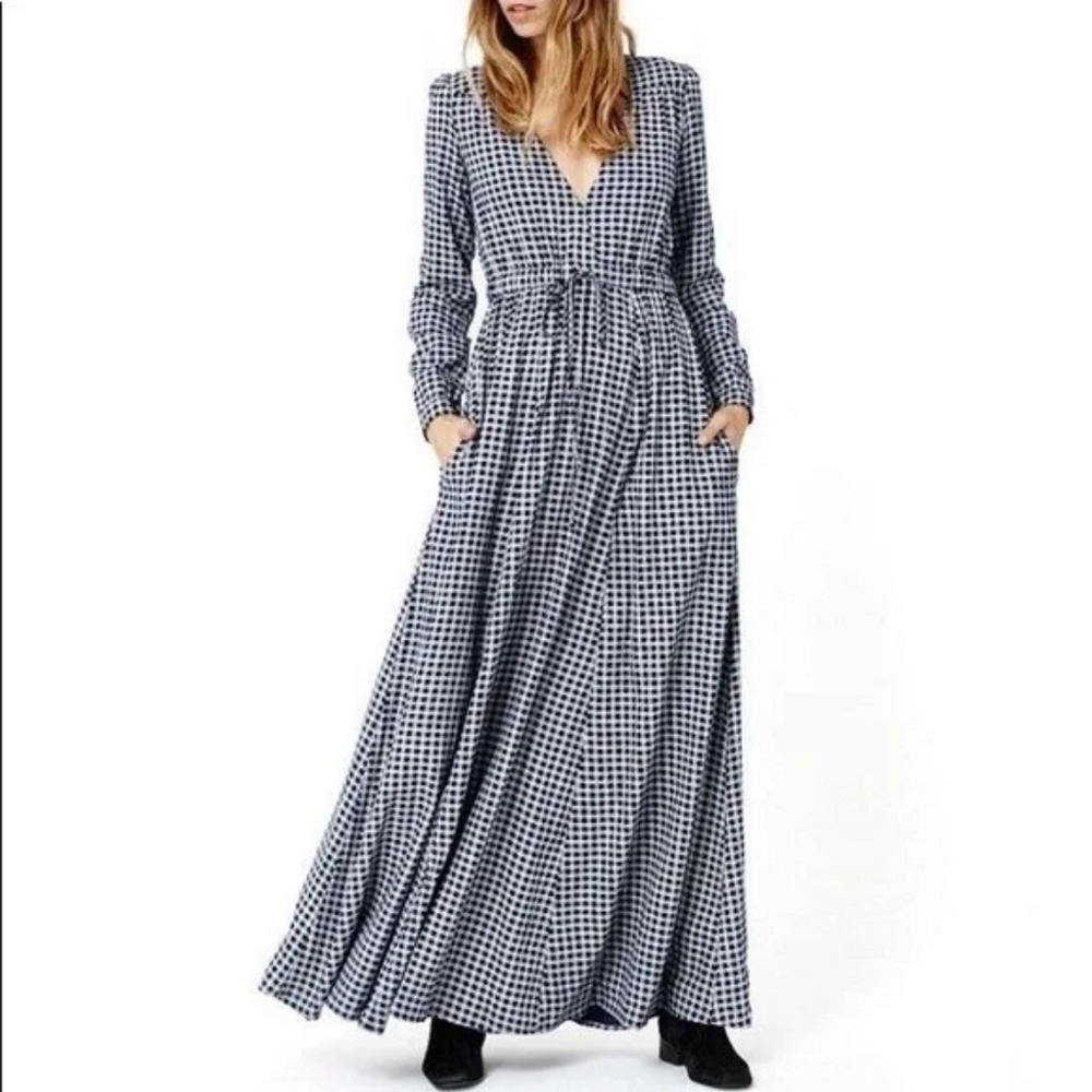 NWT Christy Dawn Women's Audrey Dress in Blue Gingham Size XS Maxi Length Deep V